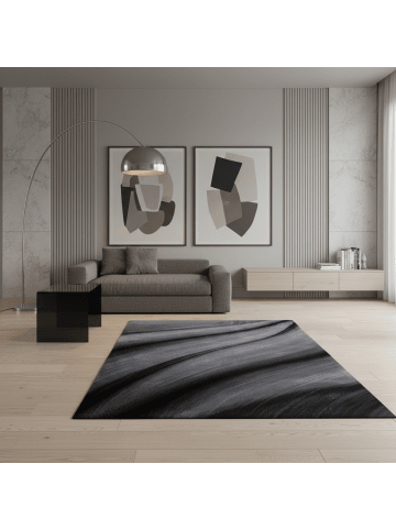 KADIMA DESIGN Teppich Kurzflor Waschbar Wellen ASPEN Strapazierfähig OEKO-TEX in Schwarz