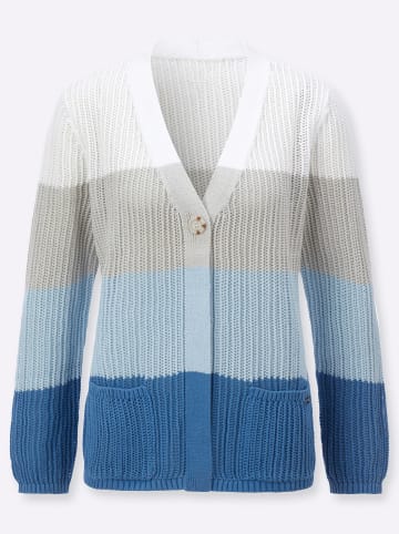 WITT WEIDEN Ajour-Strickjacke in mittelblau-ecru-geringelt