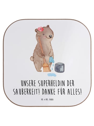 Mr. & Mrs. Panda Glas-Untersetzer Putzfrau Superheldin mit Spruch in Weiß