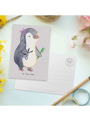 Mr. & Mrs. Panda Ansichtskarte Friseurin Herz ohne Spruch in Grau Pastell