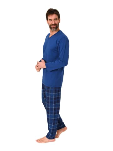 NORMANN Schlafanzug langarm Pyjama mit karierter Jersey Hose in dunkelblau
