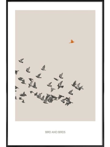 Juniqe Poster in Kunststoffrahmen "Bird And Birds" in Braun & Orange