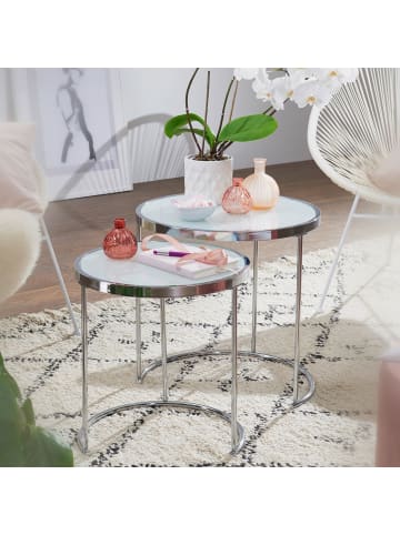 KADIMA DESIGN Design Beistelltisch Rund Ø 50/42 cm - 2 teilig Weiß Silber mit