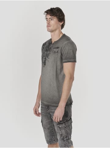 KOROSHI Henley cotton print-emb washed t-shirt in grau