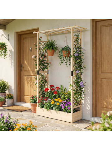 COSTWAY Blumenkasten mit Rankgitter 110x35x227 cm in Beige