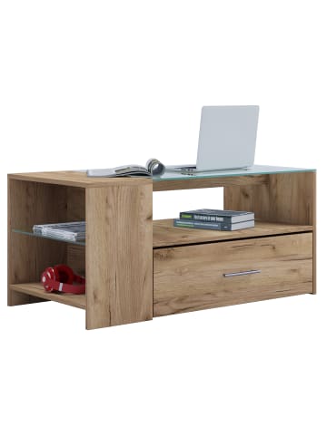 VCM Holz Sofatisch Couchtisch Schublade Glas Tindala in Honig-Eiche