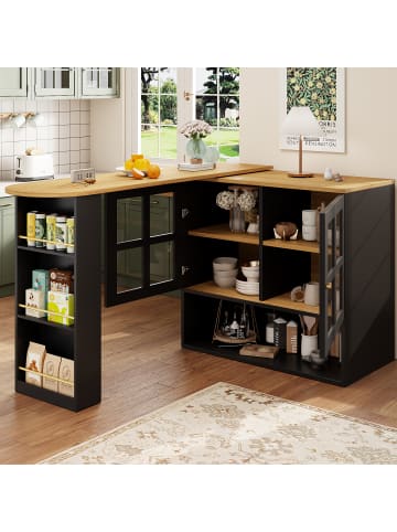 ABRIHOME Bartisch in Schwarz - drehbarer Sideboardschrank mit Regalen und Glas