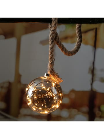 MARELIDA LED Glaskugel mit Juteseil beleuchtet mit Timer D: 14cm in grau