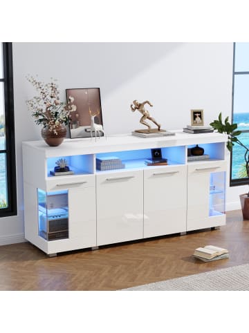 ABRIHOME Weißes Hochglanz-Sideboard 140×40×70 cm mit LED & 3 Fächern