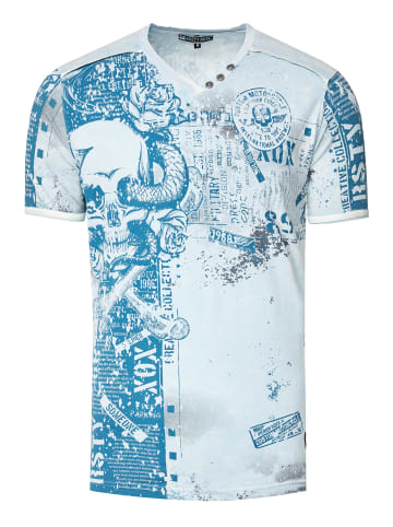 Rusty Neal V-Neck T-Shirt mit All Over Skull X Snake Print und Wildleder-Details in Hell Blau