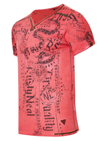 Rusty Neal V-Neck T-Shirt Verwaschen mit Prints und Wildleder Details in Rot