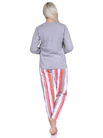 NORMANN Schlafanzug lang Farbzusammenspiel Blumen Streifen - 79812 in grau