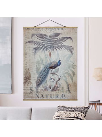 WALLART Stoffbild mit Posterleisten - Shabby Chic Collage - Pfau in Blau