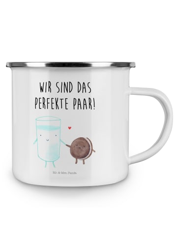 Mr. & Mrs. Panda Camping Emaille Tasse Milch Keks mit Spruch in Weiß