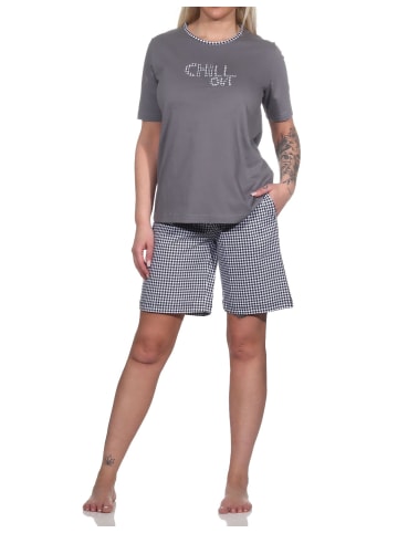 NORMANN kurzarm Shorty Schlafanzug Hose PepitaLook - 78955 in grau