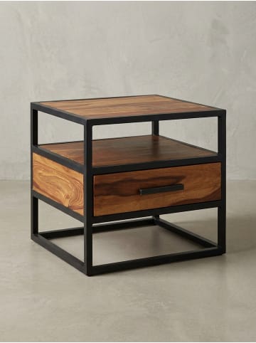 KADIMA DESIGN Massiver Sheesham-Holz Nachttisch: Stilvolle Industrie-Optik, Stauraum