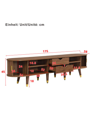 ABRIHOME TV Schrank in Walnuss 175 cm mit Rattan Schiebetür Landhausstil Schubladen