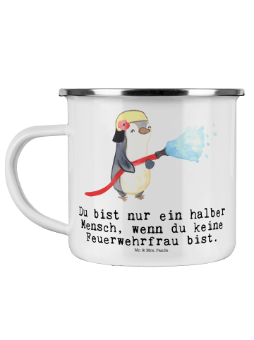 Mr. & Mrs. Panda Camping Emaille Tasse Feuerwehrfrau Herz mit Sp... in Weiß