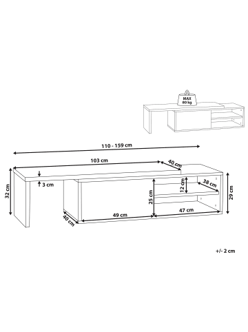 Beliani TV-Möbel YONKERS in Weiß/Braun - (W) 110 x (H) 32 x (L) 40 cm