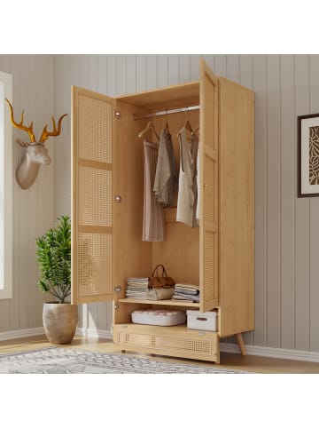 ABRIHOME Kleiderschrank in Natur mit 2 Türen Rattan Stange Schlafzimmer