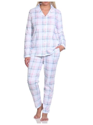 NORMANN Pyjama Single Jersey zum durchknöpfen Karo - 78583 in hellblau