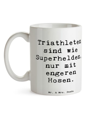 Mr. & Mrs. Panda Kaffeetasse Spruch Triathlon Superheld mit Spruch in Weiß
