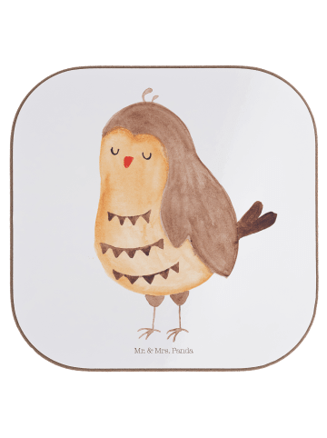 Mr. & Mrs. Panda Holzuntersetzer Eule Zufrieden ohne Spruch in Weiß