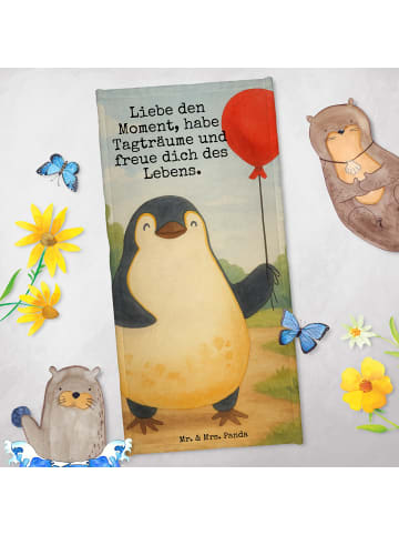 Mr. & Mrs. Panda Badehandtuch Pinguin Luftballon Design mit Spruch in Eisblau