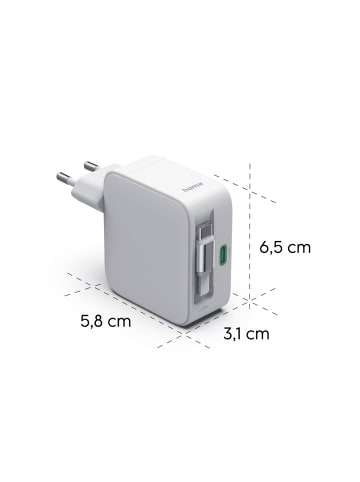Hama GaN, 2x USB-C, ausziehbares Ladekabel, PD, 65 W, W in Weiß
