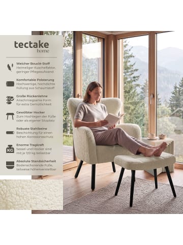 tectake Sessel mit Hocker Vänersborg, Belastbarkeit 120 kg, Bouclé creme/schwarz