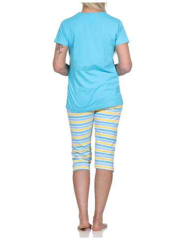 NORMANN er Capri Schlafanzug kurzarm Pyjama Hose geringelt - 73760 in hellblau