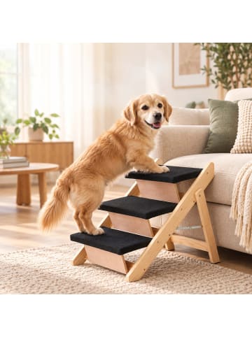 relaxdays Hundetreppe "3 Stufen" in Natur/ Schwarz - (B)61,5 x (H)56 x (T)44 cm