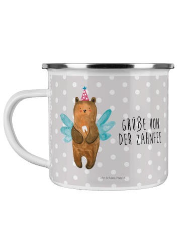 Mr. & Mrs. Panda Camping Emaille Tasse Bär Zahnfee mit Spruch in Grau Pastell