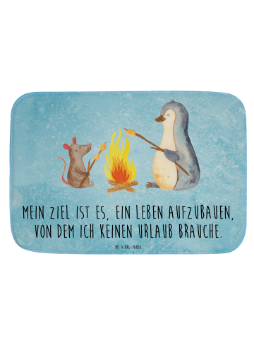 Mr. & Mrs. Panda Badezimmerteppich Pinguin Lagerfeuer mit Spruch in Eisblau