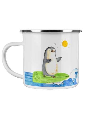 Mr. & Mrs. Panda Camping Emaille Tasse Pinguin Surfer ohne Spruch in Weiß