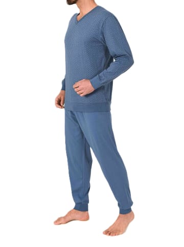 NORMANN Langarm Schlafanzug Pyjama Bündchen Minimalprint in blau