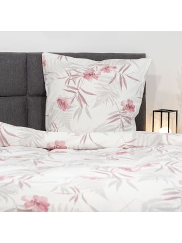 Traumschloss Premium Flanell Bettwäsche - rosa Blumen auf hellem Hintergrund in silberfarben
