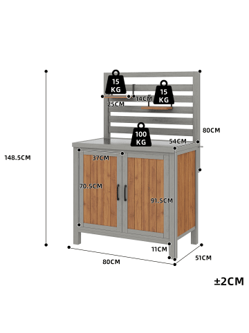 ABRIHOME Gartenschrank in Braun Holz mit Edelstahl Arbeitsplatte verstellbaren Regalen