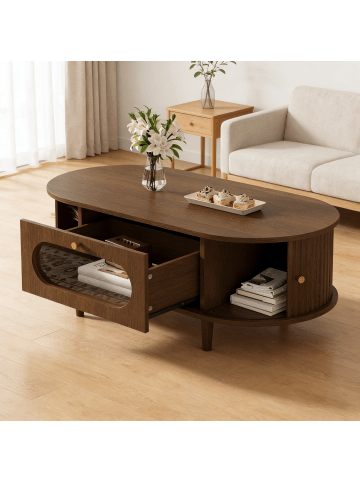 ABRIHOME Couchtisch in Walnuss mit Schublade Rolltür 100x50x36 cm