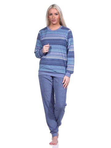 NORMANN Frottee Schlafanzug Bündchen  Streifendesign - 75856 in blau-melange