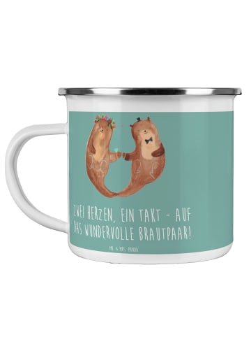 Mr. & Mrs. Panda Emaille Tasse Brautpaar Herzen mit Spruch in Meeresbrise