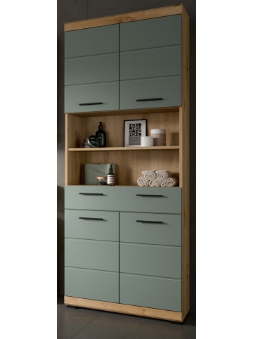 Inn.Furn Hochschrank Salbei grün, Eiche Artisan 74 cm, Badschrank mit 6 Fächern
