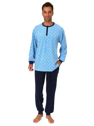 NORMANN Frottee Schlafanzug Pyjama lang Bündchen in hellblau