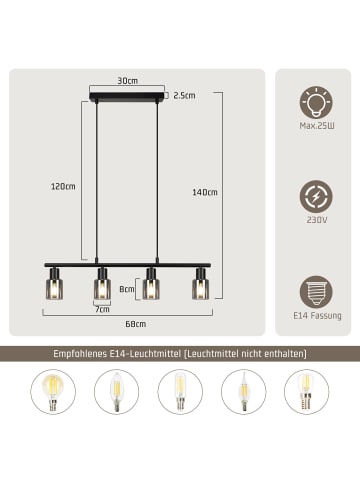 ZMH Pendelleuchte 4-flammige E14 in Schwarz Vintage Glas