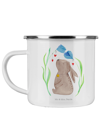 Mr. & Mrs. Panda Camping Emaille Tasse Hase Blume ohne Spruch in Weiß