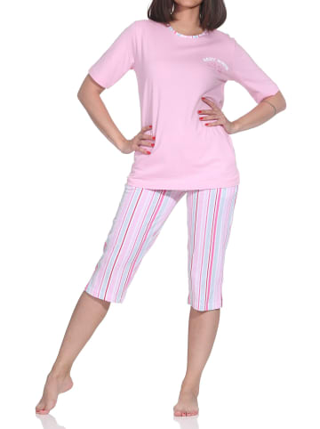 NORMANN Schlafanzug Capri kurzarm Streifenoptik Übergrössen in rosa
