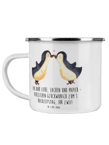 Mr. & Mrs. Panda Camping Emaille Tasse 1. Hochzeitstag Papierhoc... in Weiß
