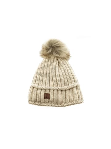 Faera Wintermütze warm gefüttert mit Kunstfell Bommel-Mütze in Beige