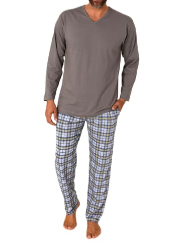 NORMANN Schlafanzug langarm mit karierter Jersey Hose in grau