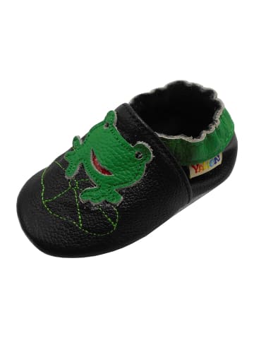Yalion Babyschuhe aus Leder mit rutschfester Sohle – Schwarz mit Frosch-Muster